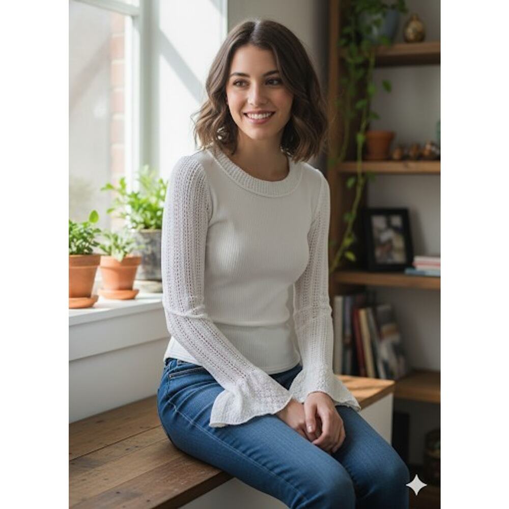 Free People Sweater Size M Bell Sleeve Ivory White Boho Ribbed Knit Crochet